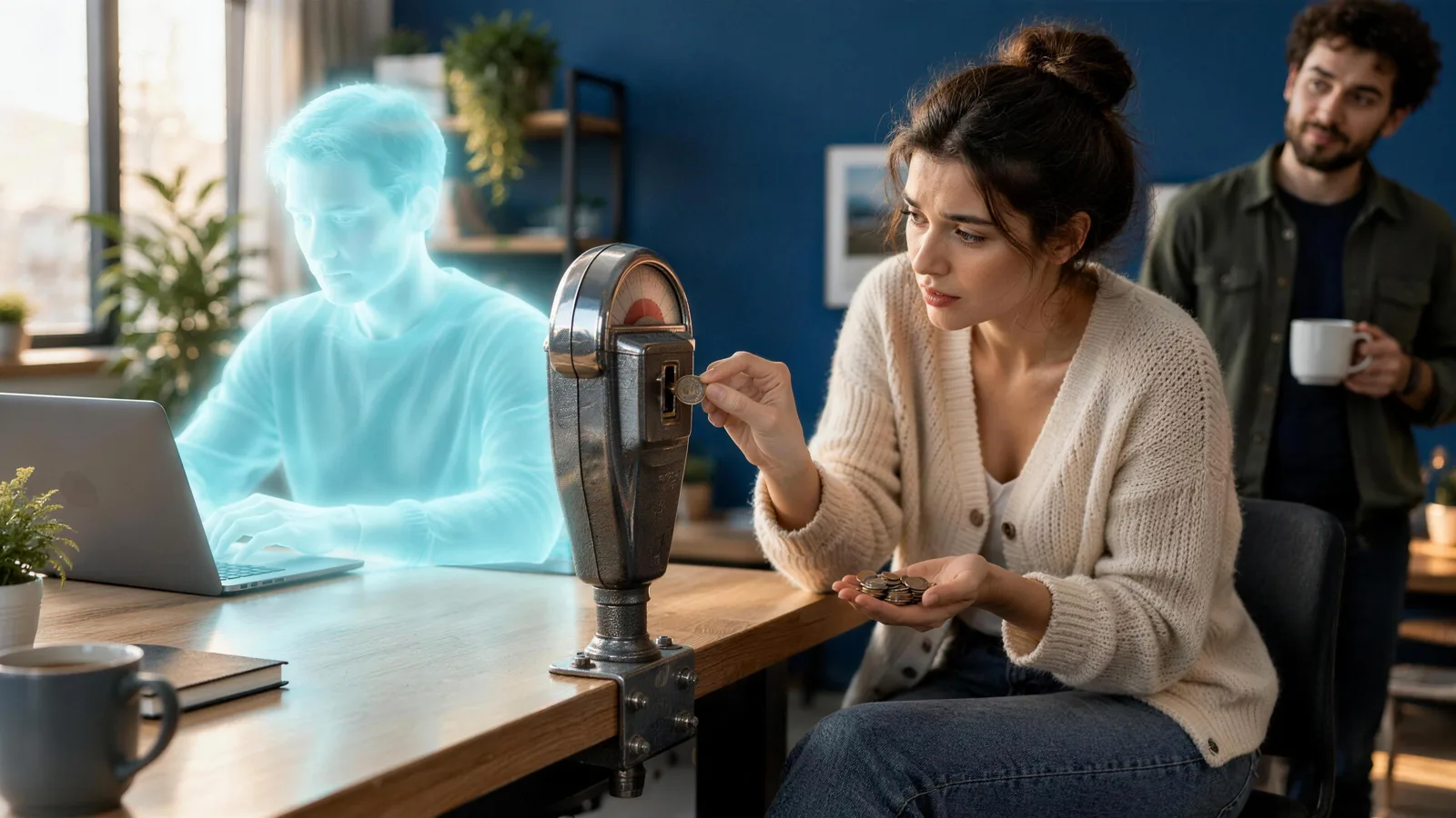A woman in a cream cardigan feeds a coin into an old chrome parking meter bolted to a shared desk, where a softly glowing translucent cyan figure types on a laptop, while a colleague with a coffee cup watches in front of a deep blue wall.