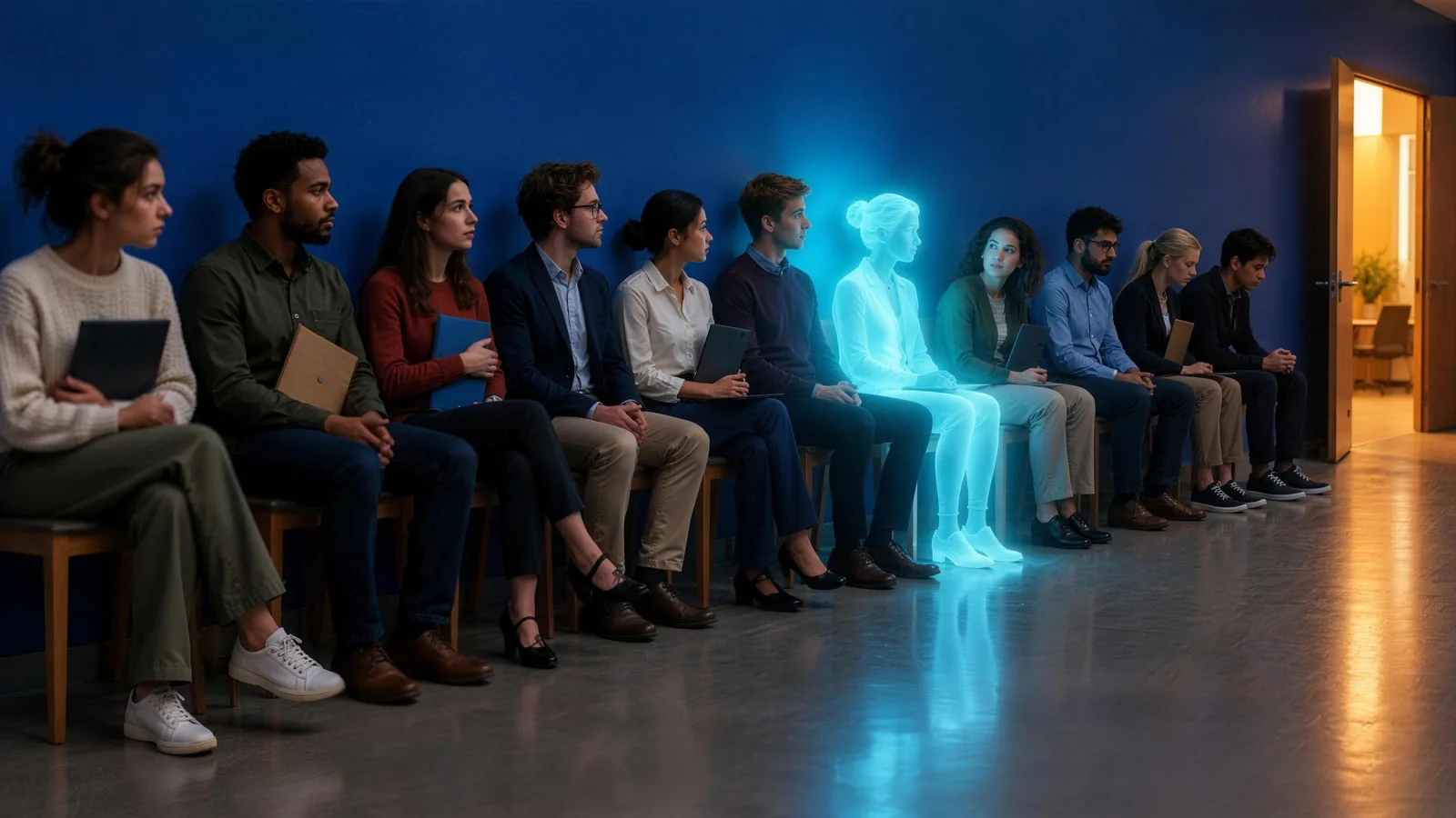 Twelve job candidates wait in a row of chairs against a blue wall outside an interview room, one of them a softly glowing translucent figure.