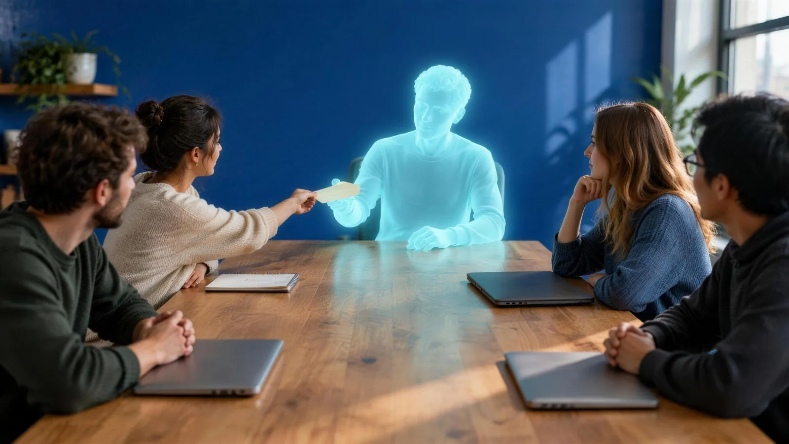 Four people at a long wooden table against a blue wall, one of them handing a paper card to a softly glowing translucent figure seated at the head of the table.