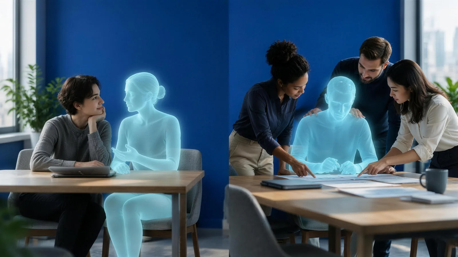 An office split in two in front of a deep blue wall: on the left a woman sits at a desk talking with one glowing translucent cyan figure beside her; on the right three colleagues lean over papers around a cyan figure at a shared table, two of them with a hand on its shoulders.
