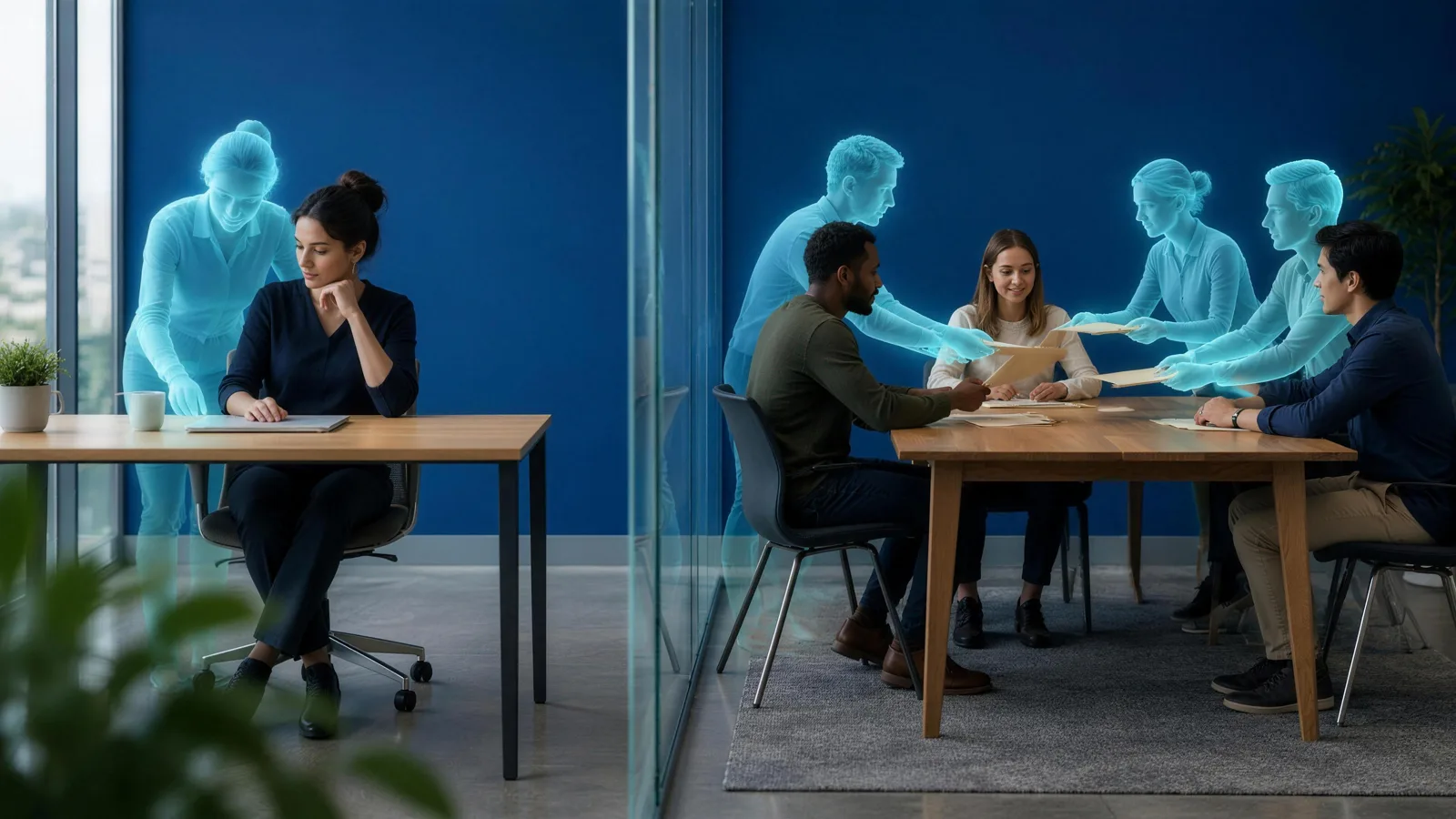 An office split by a glass wall: on the left a woman works alone at a desk with one glowing translucent cyan figure at her shoulder; on the right three people at a table while three glowing cyan figures pass folders to each other, in front of a deep blue wall.