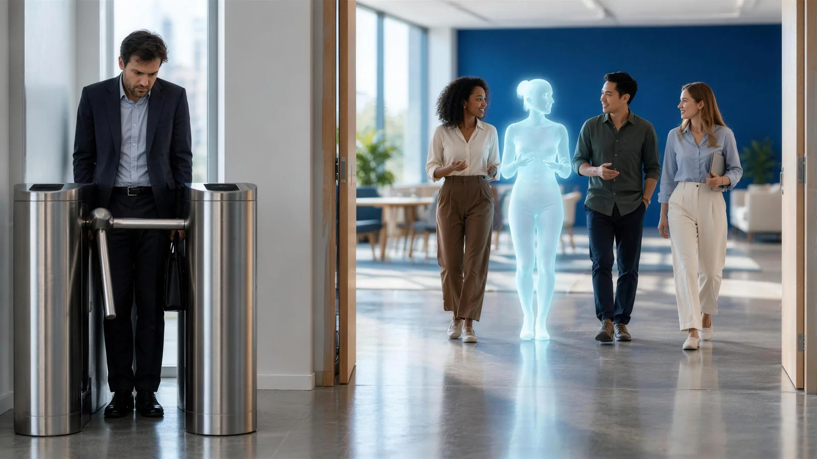 A man stands alone at a steel office turnstile while, through an open doorway beside him, three colleagues and a glowing translucent cyan figure walk together into a bright room with a deep blue wall.